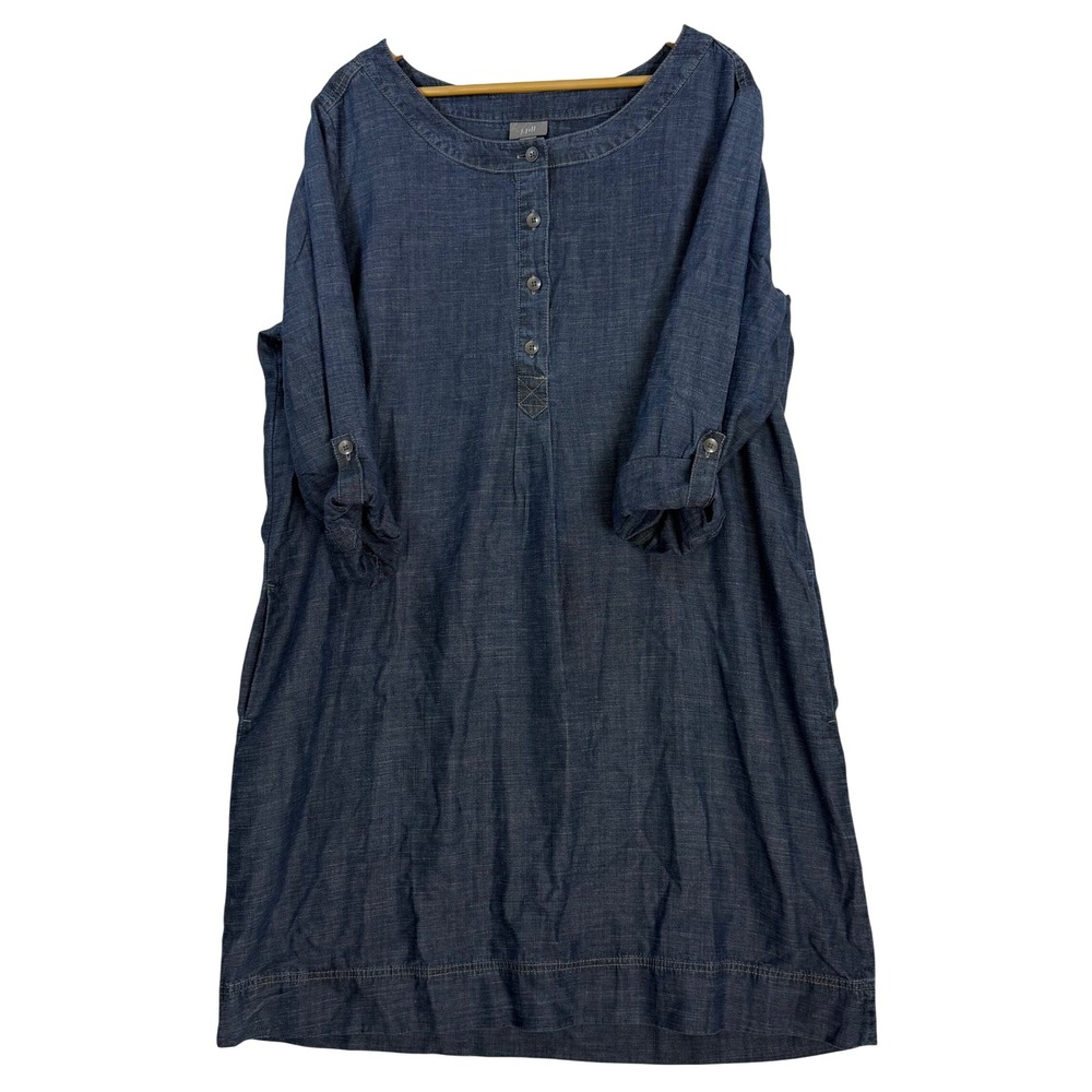 J. Jill Denim Chambray Henley Shift Dress XL Blue Roll Tab Sleeve Pockets NWT - Picture 3 of 10